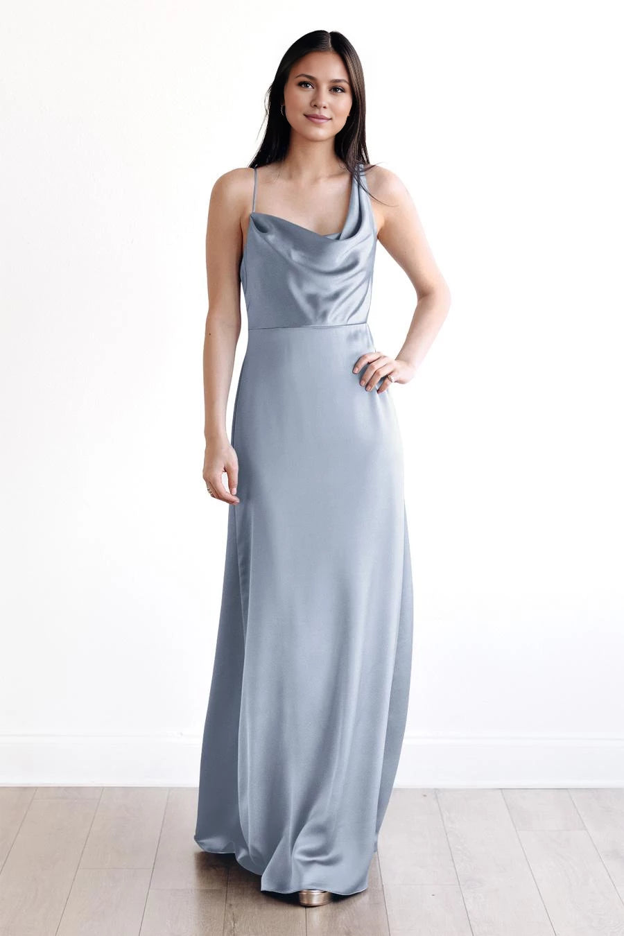 Asymmetric collar sleeveless thin shoulder straps backless and floor length prom dress