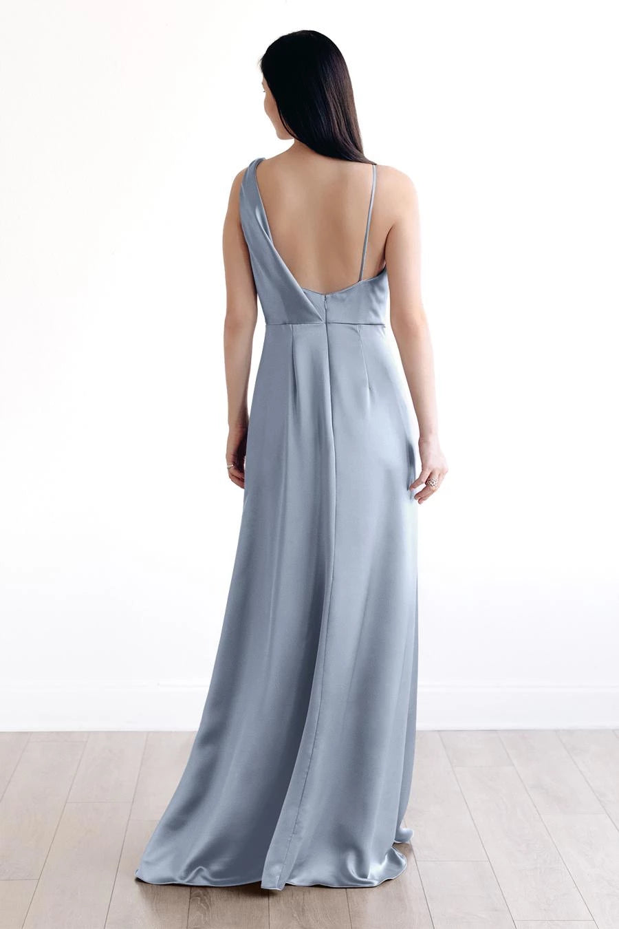 Asymmetric collar sleeveless thin shoulder straps backless and floor length prom dress