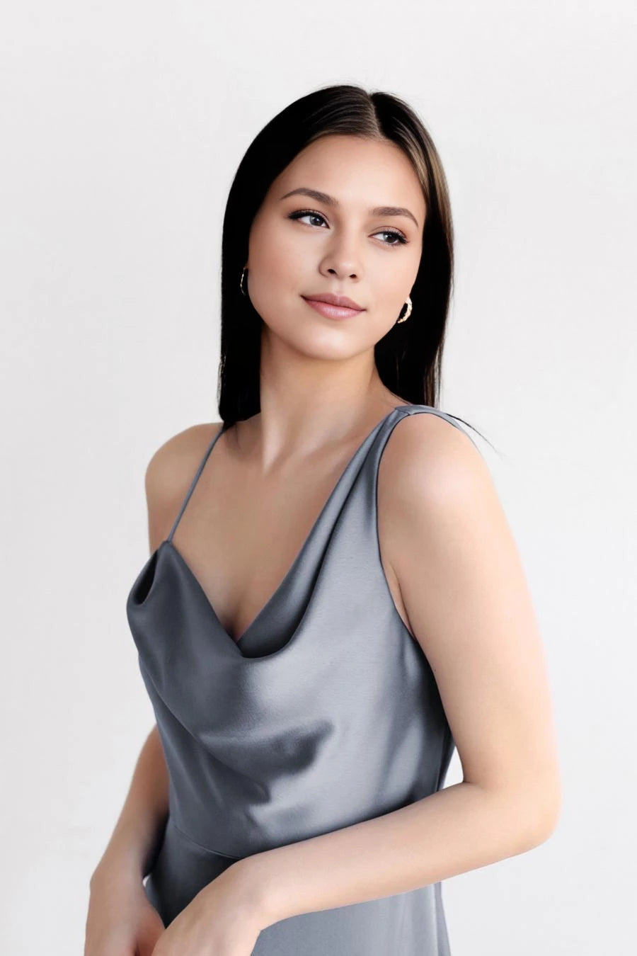 Asymmetric collar sleeveless thin shoulder straps backless and floor length prom dress