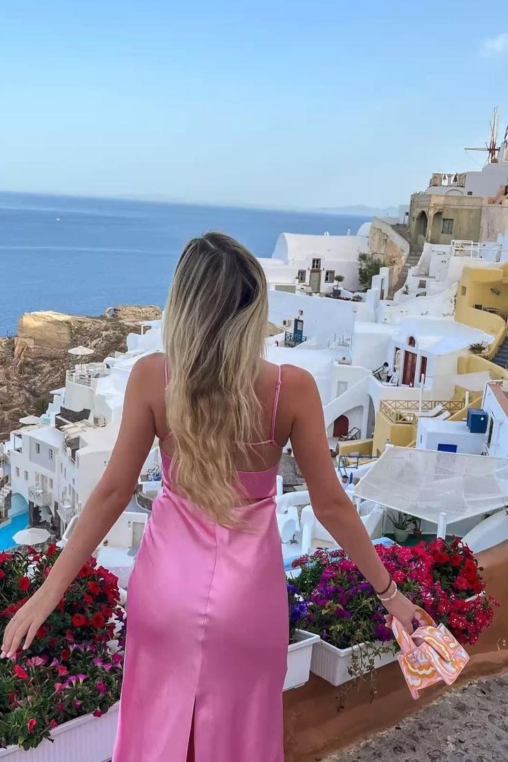 Barbie Pink Satin Spaghetti Strap Backless High Slit Maxi Dress – Vacation Party Gown