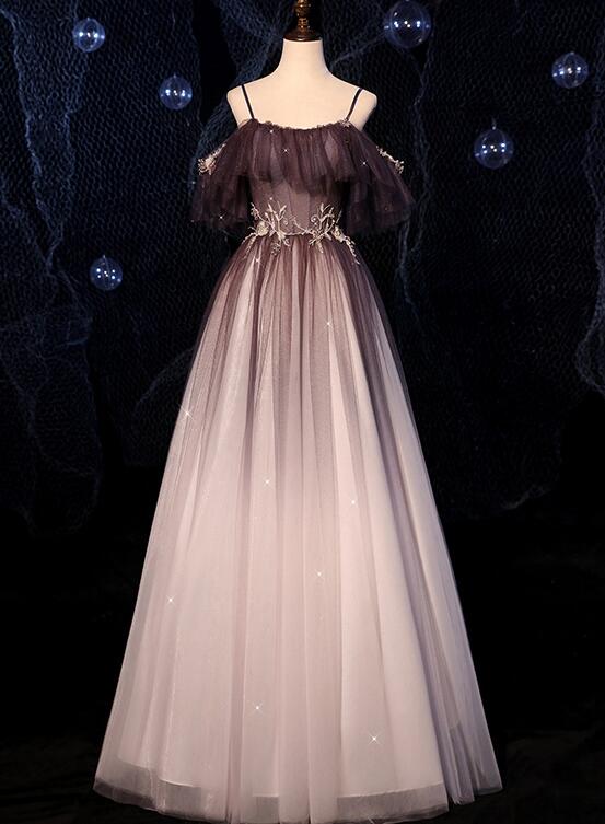 Belle robe de soirée longue à bretelles fines et transparentes en dégradé de violet, robe de soirée à épaules dénudées transparente en dégradé de violet