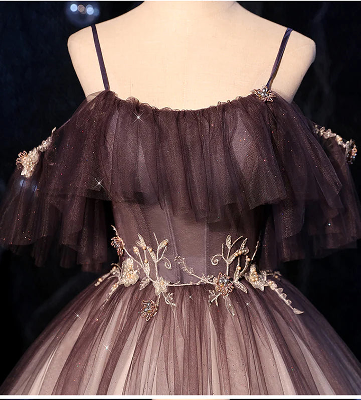 Belle robe de soirée longue à bretelles fines et transparentes en dégradé de violet, robe de soirée à épaules dénudées transparente en dégradé de violet