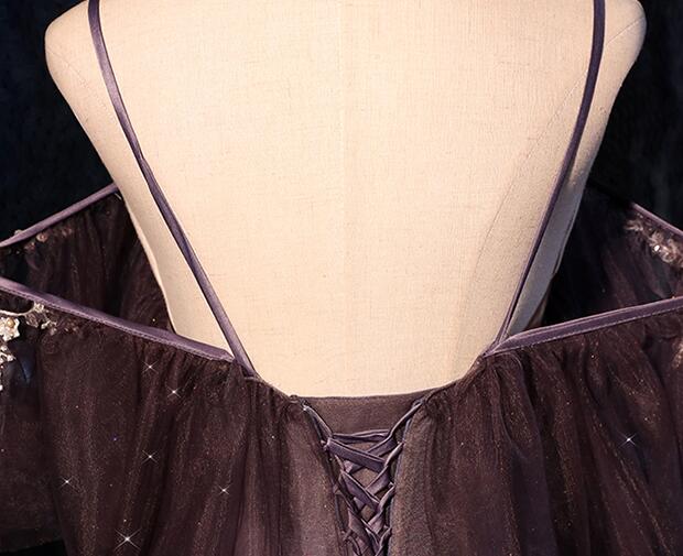 Belle robe de soirée longue à bretelles fines et transparentes en dégradé de violet, robe de soirée à épaules dénudées transparente en dégradé de violet