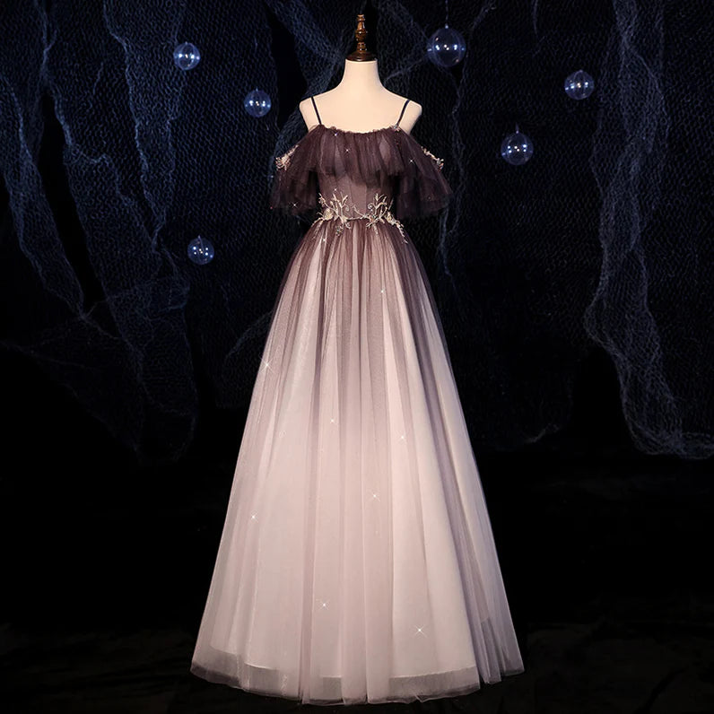 Belle robe de soirée longue à bretelles fines et transparentes en dégradé de violet, robe de soirée à épaules dénudées transparente en dégradé de violet