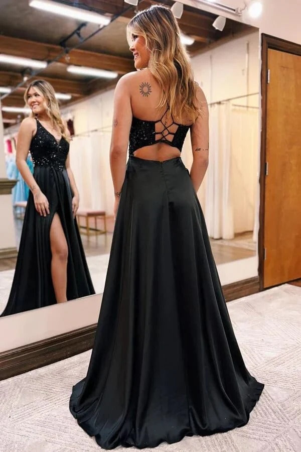 Black Beaded Satin A-Line Maxi Gown with Pockets