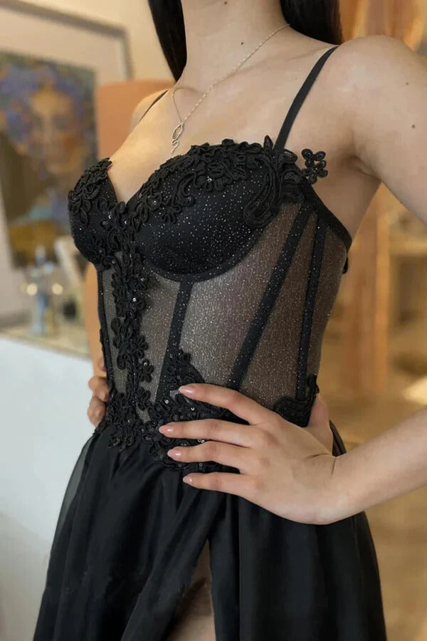 Black Lace Sheer Corset A-Line Maxi Gown – Spaghetti Strap High Slit Formal Prom Dress