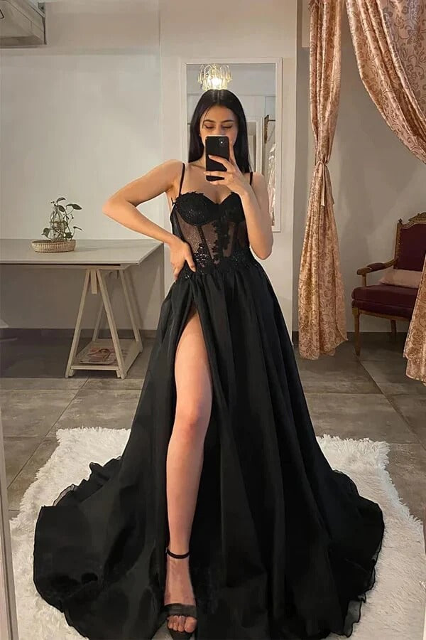 Black Lace Sheer Corset A-Line Maxi Gown – Spaghetti Strap High Slit Formal Prom Dress