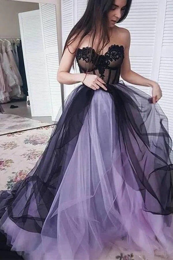 Black Lace Strapless Lavender Tulle Gown with Lace-Up Back and Train