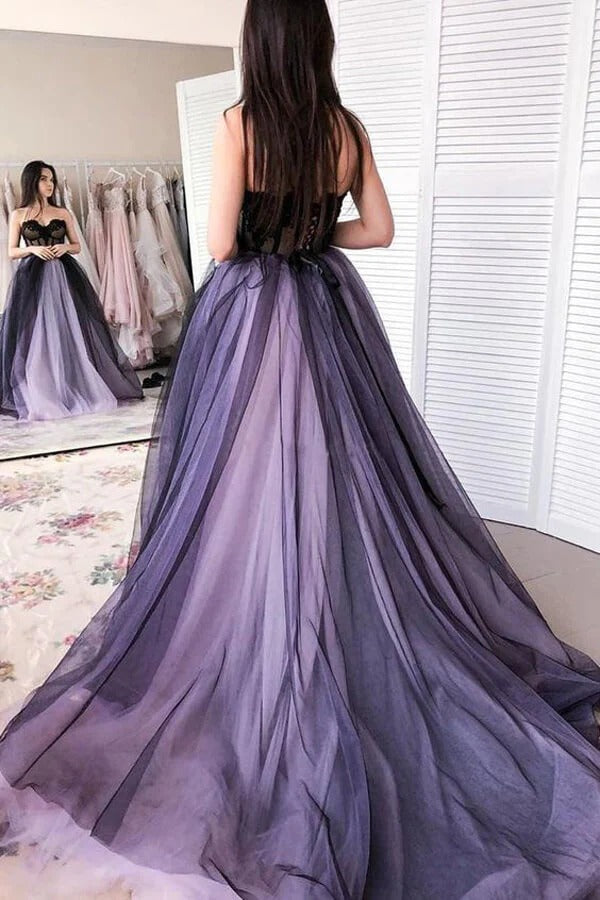 Black Lace Strapless Lavender Tulle Gown with Lace-Up Back and Train