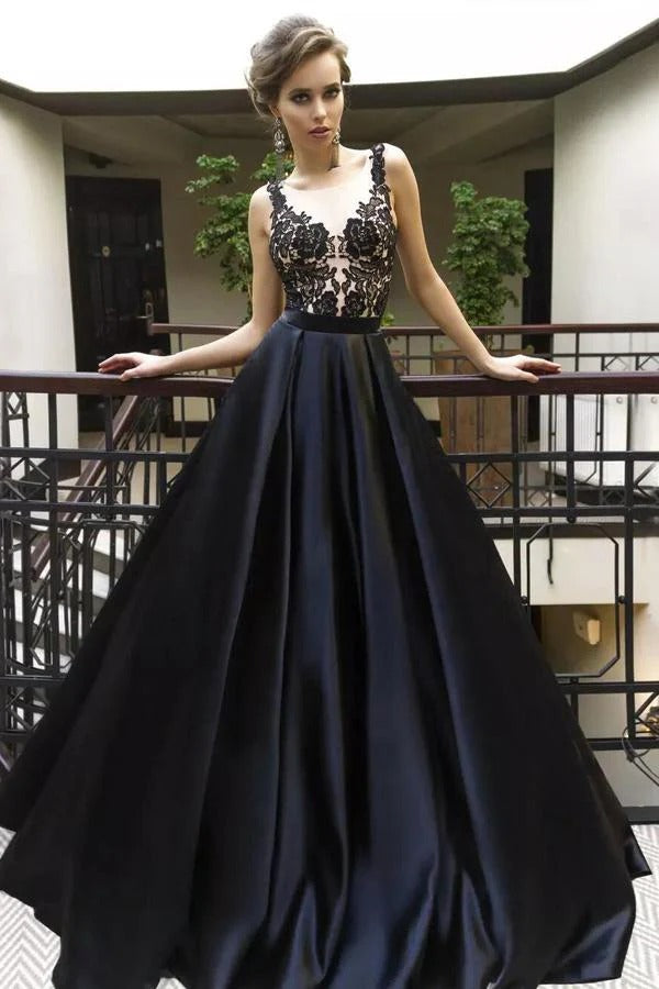 Black Lace & Satin Ball Gown – V-Neck Lace Bodice Formal Prom Dress