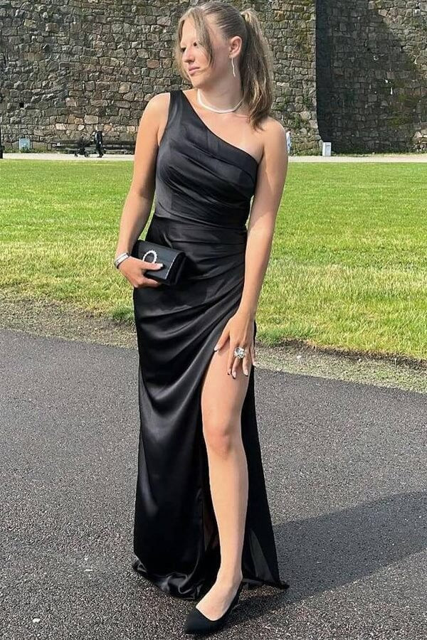 Black One-Shoulder Ruched Satin Maxi Dress with High Slit