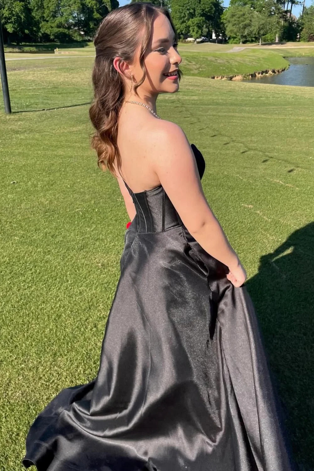 Black Satin Ball Gown – Strapless Corset Prom Dress with Slit and Train