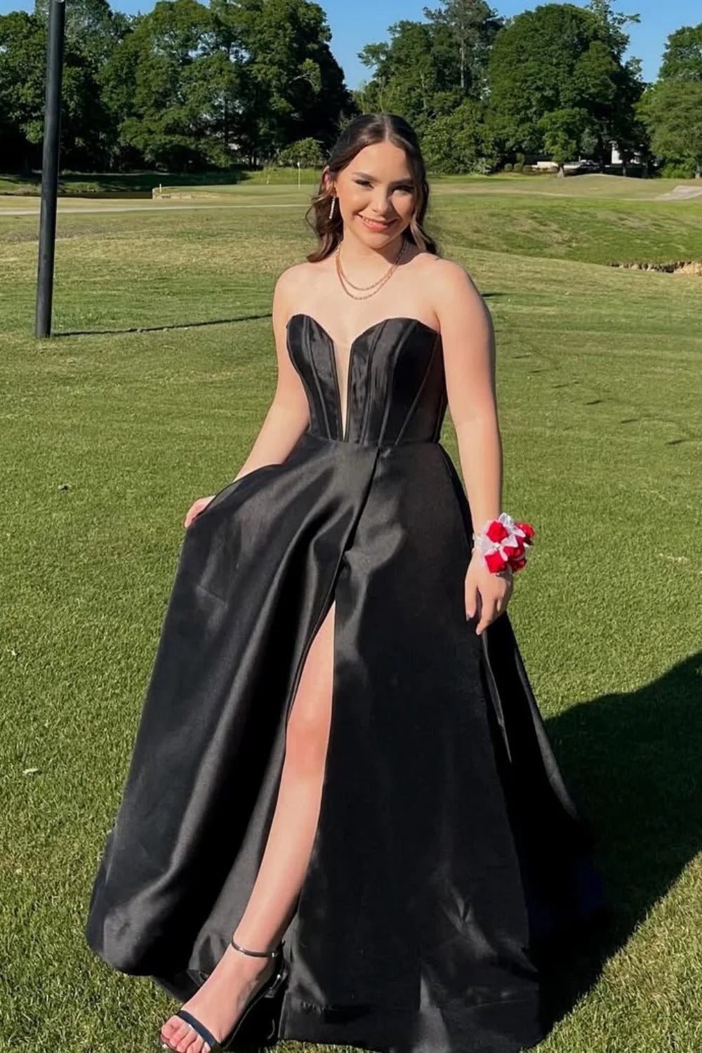 Black Satin Ball Gown – Strapless Corset Prom Dress with Slit and Train