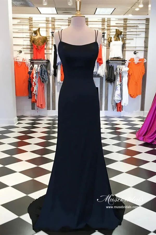 Black Satin Spaghetti Strap Mermaid Maxi Gown with Open Back