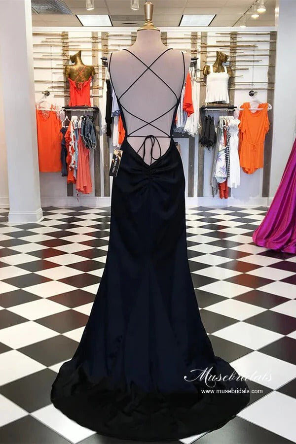 Black Satin Spaghetti Strap Mermaid Maxi Gown with Open Back