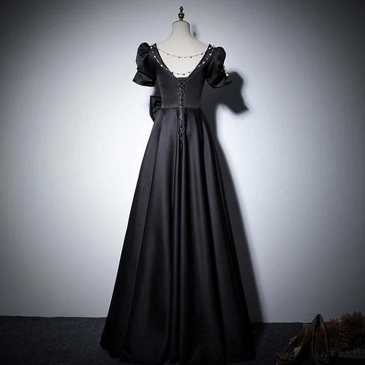 Black Satin Sweetheart Neck Puff Sleeve Evening Dresses with Lace-up Back and Bow Detail