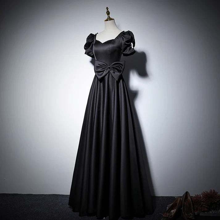 Black Satin Sweetheart Neck Puff Sleeve Evening Dresses with Lace-up Back and Bow Detail