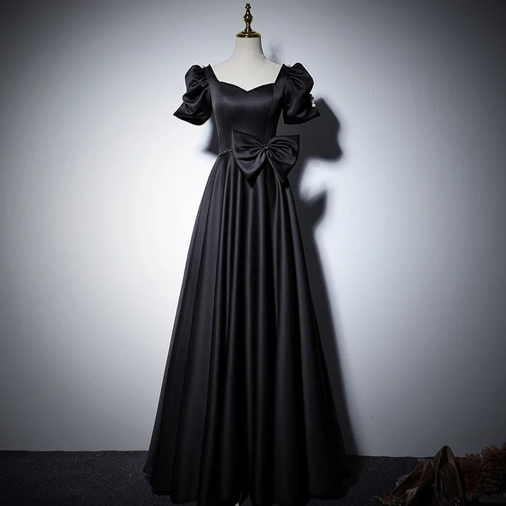 Black Satin Sweetheart Neck Puff Sleeve Evening Dresses with Lace-up Back and Bow Detail