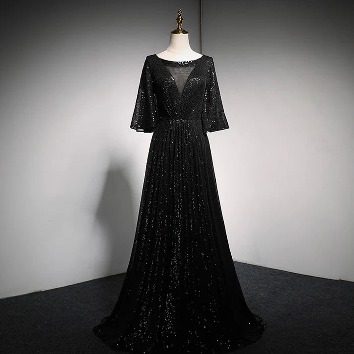 Black Sequin Mesh V-neck Bell Sleeve A-line Floor-length Evening Dresses with Train