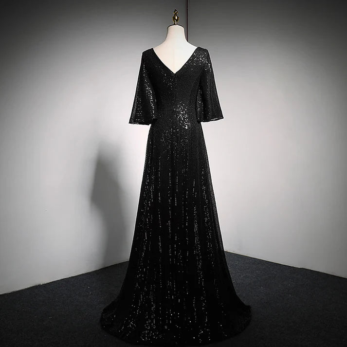 Black Sequin Mesh V-neck Bell Sleeve A-line Floor-length Evening Dresses with Train