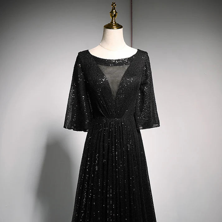 Black Sequin Mesh V-neck Bell Sleeve A-line Floor-length Evening Dresses with Train