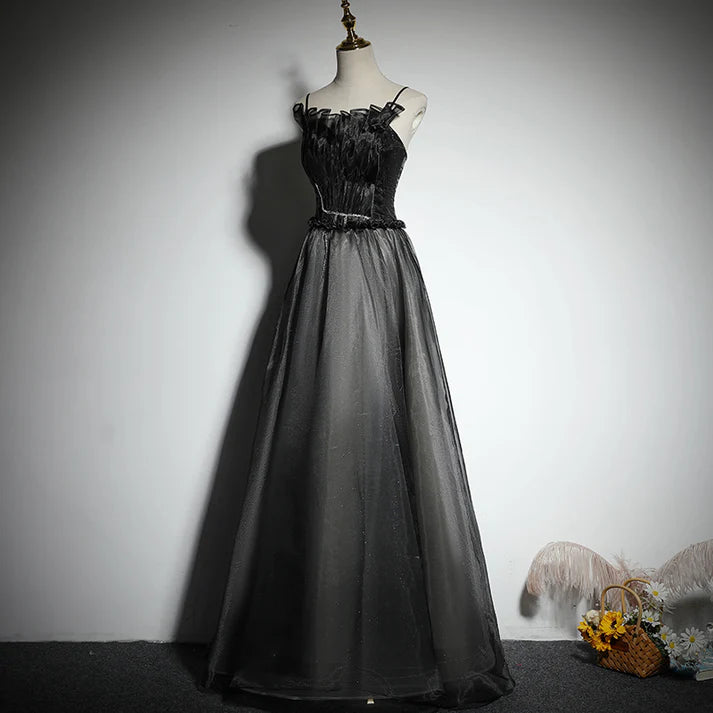 Black Spaghetti Strap Ruffled Bodice Tulle Evening Dresses with Lace-up Back