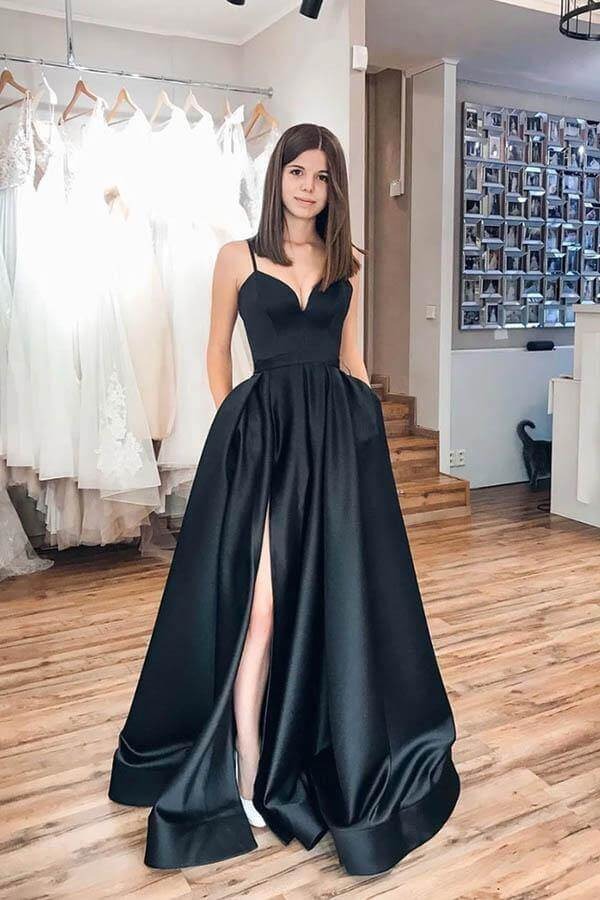 Black Spaghetti Strap V-Neck Satin A-Line Prom Maxi Gown with Slit, Train & Pockets