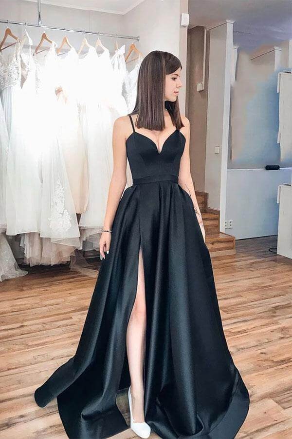 Black Spaghetti Strap V-Neck Satin A-Line Prom Maxi Gown with Slit, Train & Pockets