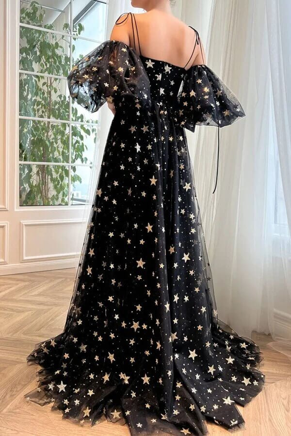 Black Star Print Off-The-Shoulder Tulle A-Line Prom Maxi Gown with Slit & Train