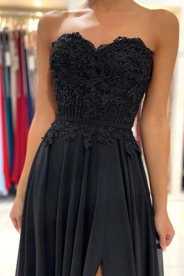 Black Strapless Floral Lace Chiffon Gown with High Slit and Lace-Up Back
