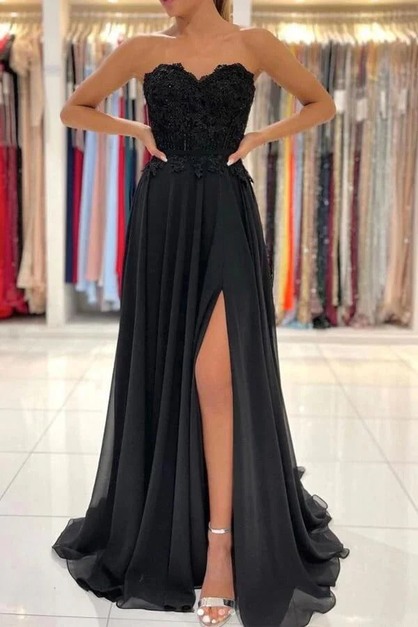 Black Strapless Floral Lace Chiffon Gown with High Slit and Lace-Up Back