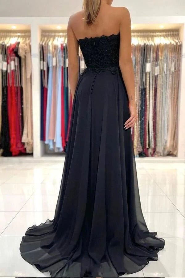 Black Strapless Floral Lace Chiffon Gown with High Slit and Lace-Up Back