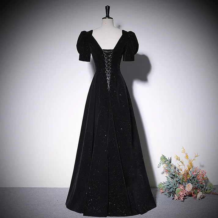 Black Velvet Sweetheart Neck Puff Sleeve Evening Dresses with Lace-up Back and Sparkle Detail