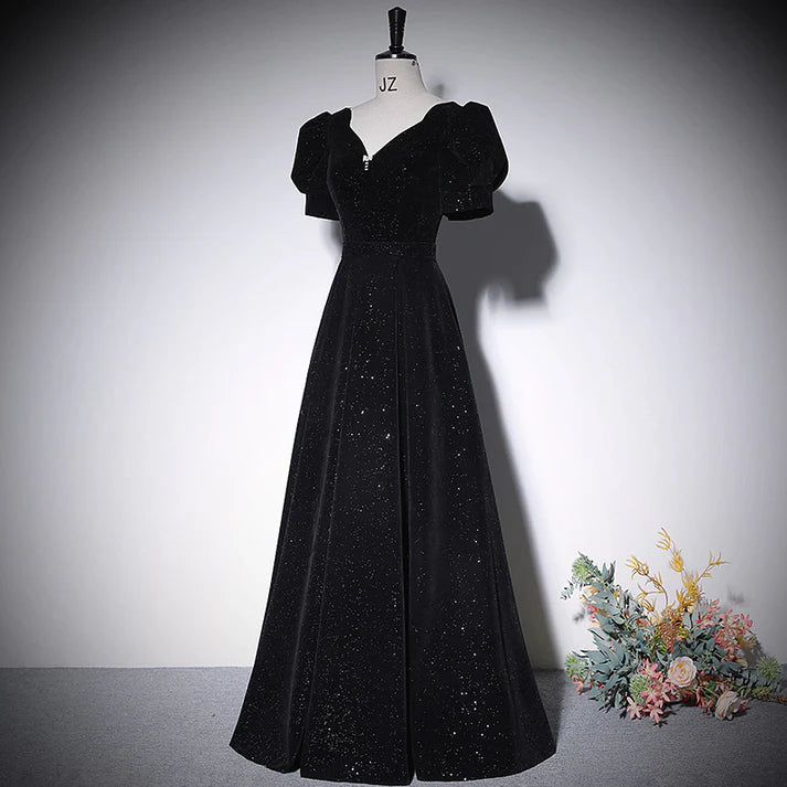 Black Velvet Sweetheart Neck Puff Sleeve Evening Dresses with Lace-up Back and Sparkle Detail
