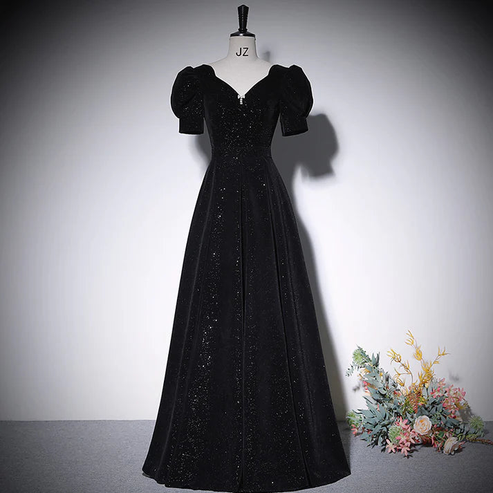 Black Velvet Sweetheart Neck Puff Sleeve Evening Dresses with Lace-up Back and Sparkle Detail