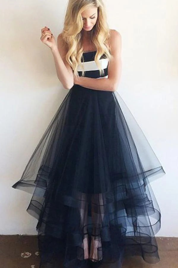 Black and White Strapless Colorblock Tiered Tulle Midi Gown