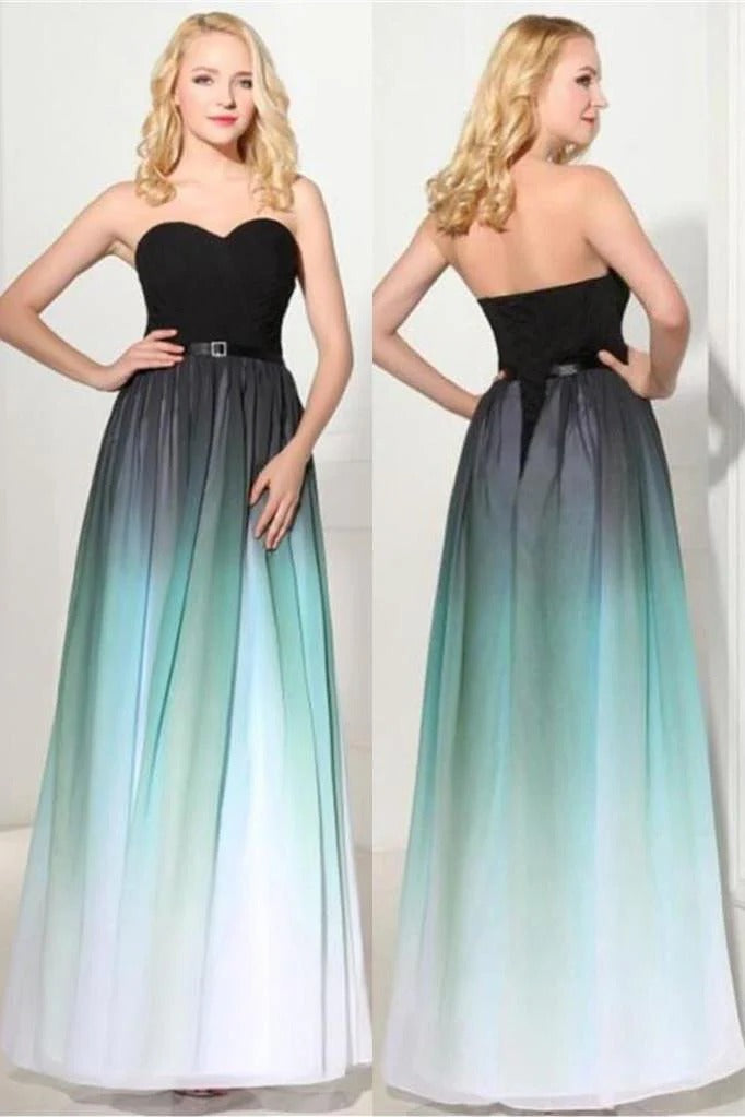 Black to Teal Ombre Strapless Gown – Sweetheart Belted Chiffon Formal Dress