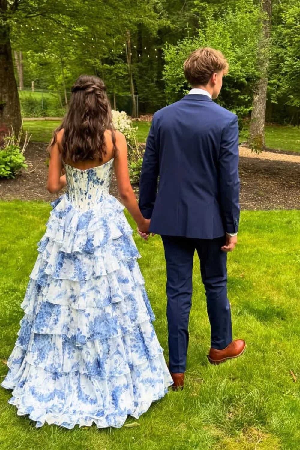 Blue-and-White Floral Strapless Corset Ruffle High-Low Gown