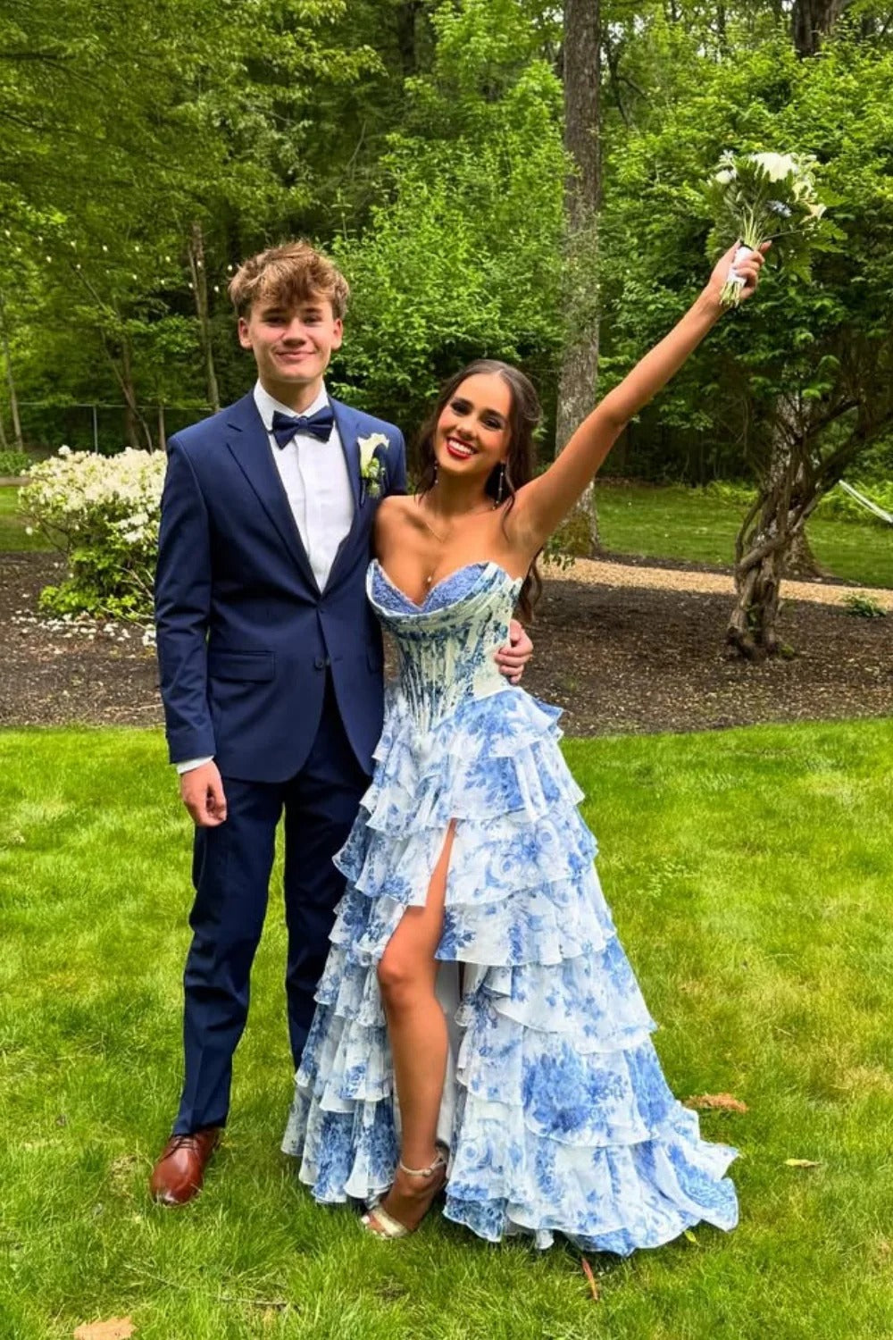 Blue-and-White Floral Strapless Corset Ruffle High-Low Gown