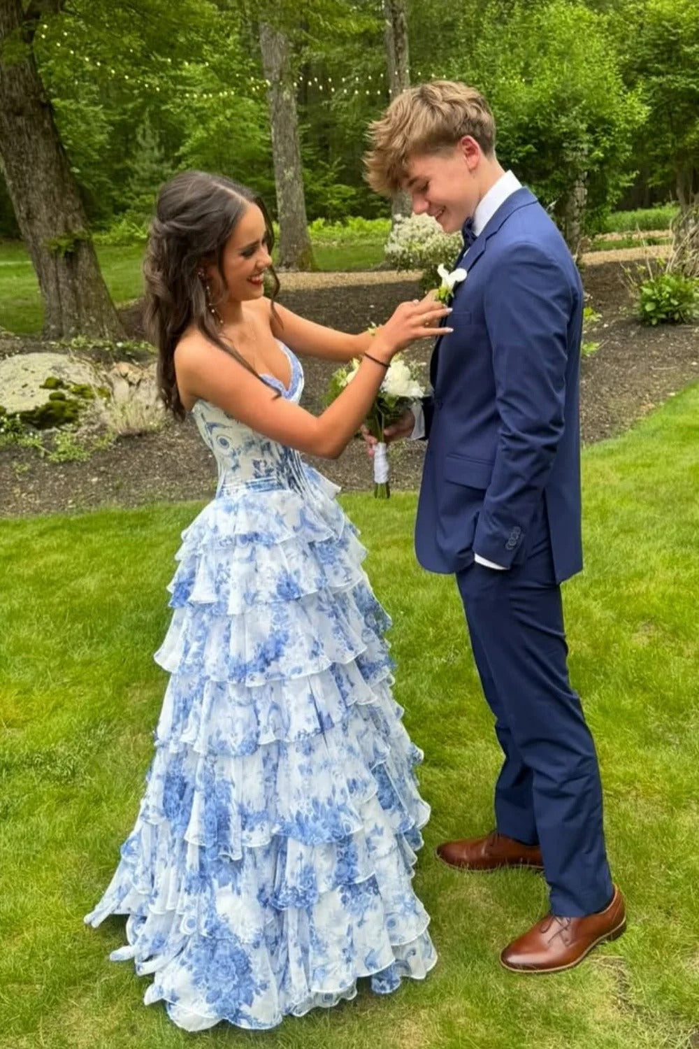 Blue-and-White Floral Strapless Corset Ruffle High-Low Gown