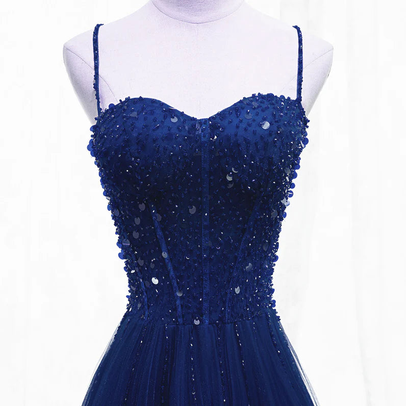 Elegant blue beaded sequin sleeveless thin shoulder strap ball dress, blue A-line sheer and floor length evening dress