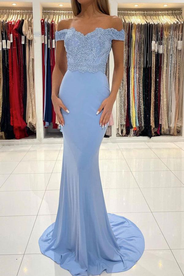 Robe de bal longue sirène en mousseline de soie bleue et dentelle