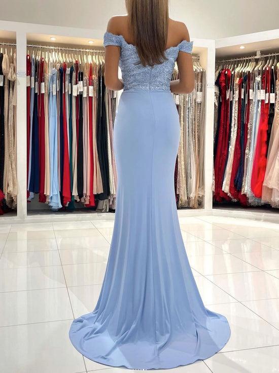 Robe de bal longue sirène en mousseline de soie bleue et dentelle