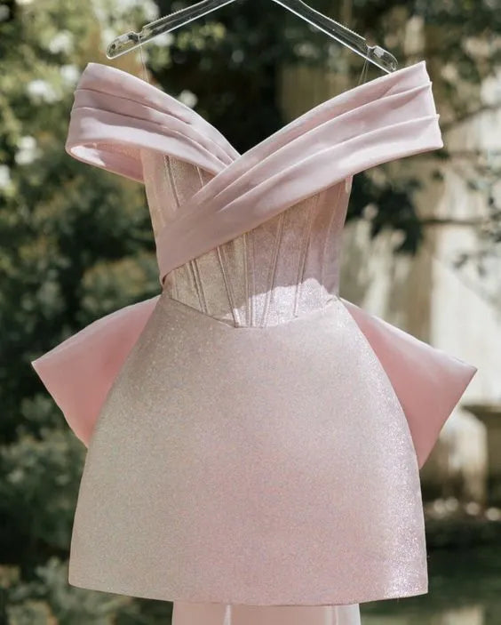Blush Off Shoulder Wrap Corset Side Big Bow Glitter Mini Homecoming Dress