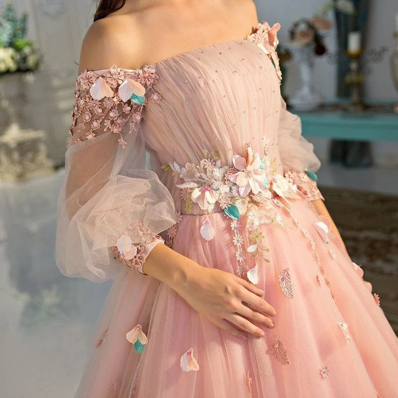 Blush Off-the-Shoulder Puff Sleeve 3D Floral Tulle Ball Gown with Lace-Up Back