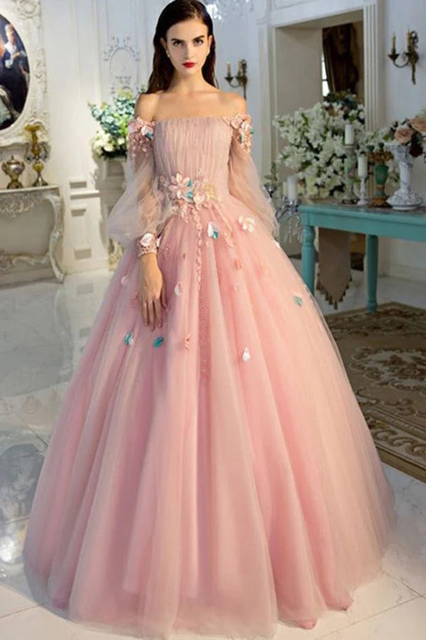 Blush Off-the-Shoulder Puff Sleeve 3D Floral Tulle Ball Gown with Lace-Up Back