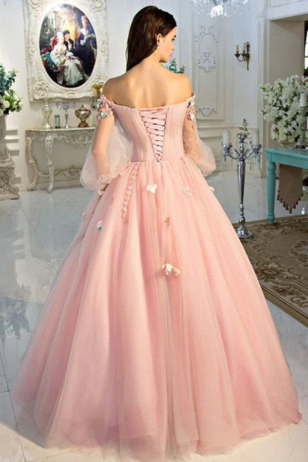 Blush Off-the-Shoulder Puff Sleeve 3D Floral Tulle Ball Gown with Lace-Up Back
