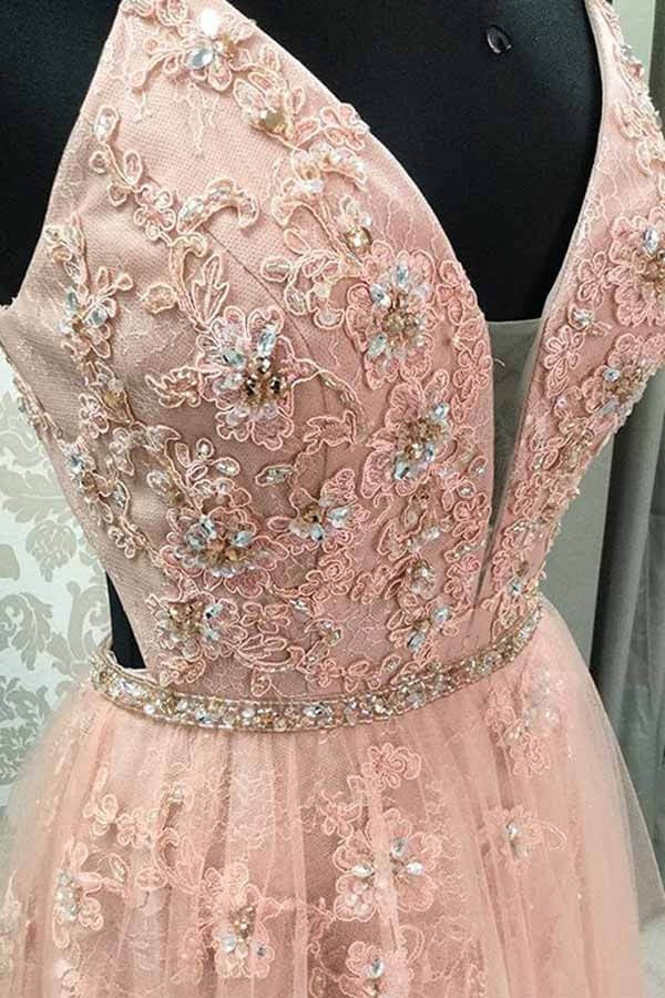 Blush Pink Beaded Lace Tulle A-Line Prom Gown – V-Neck Cutout Back Formal Dress with Train