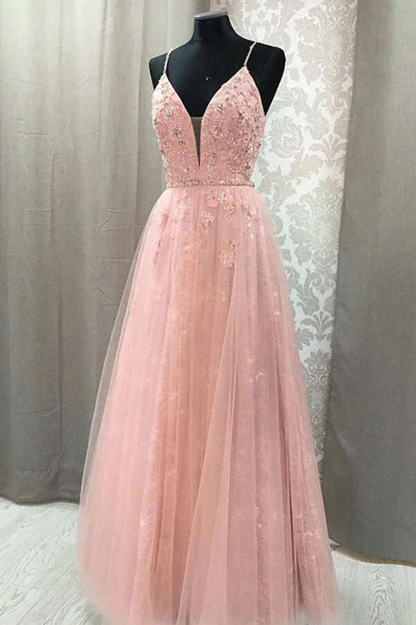 Blush Pink Beaded Lace Tulle A-Line Prom Gown – V-Neck Cutout Back Formal Dress with Train