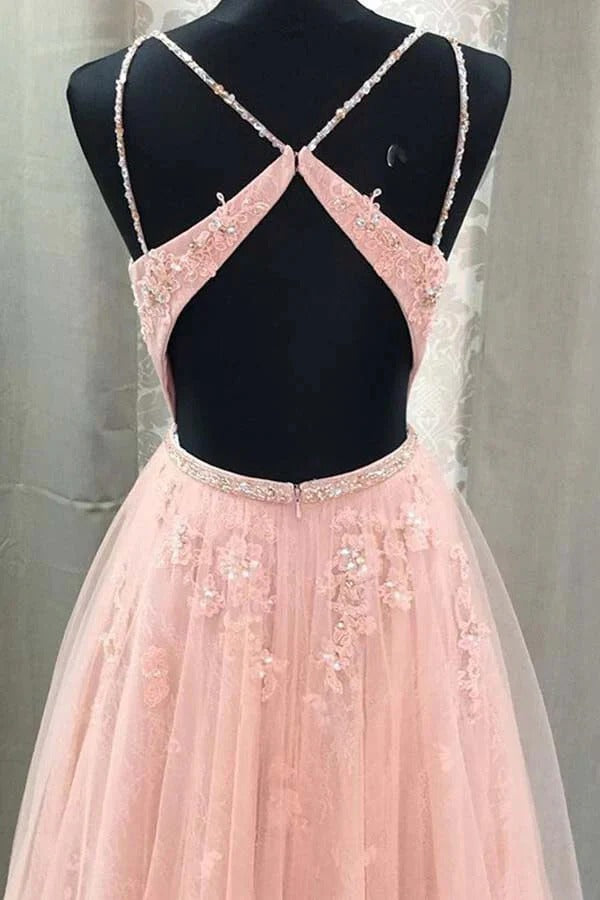 Blush Pink Beaded Lace Tulle A-Line Prom Gown – V-Neck Cutout Back Formal Dress with Train